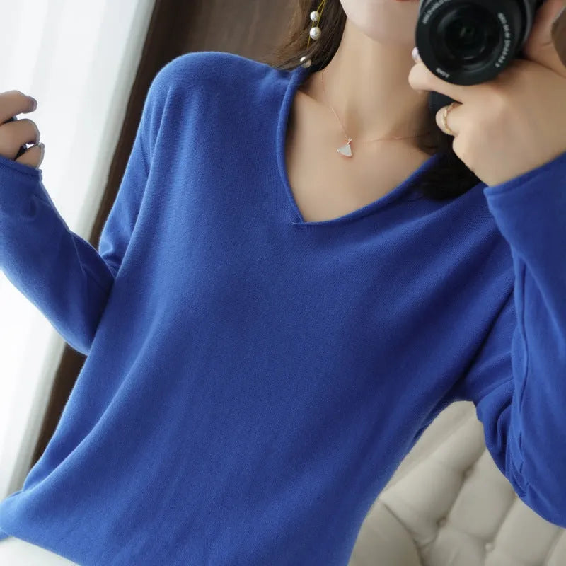 Women's V-neck long sleeve knitwear top in turmeric colour, pullover style, non-iron fabric