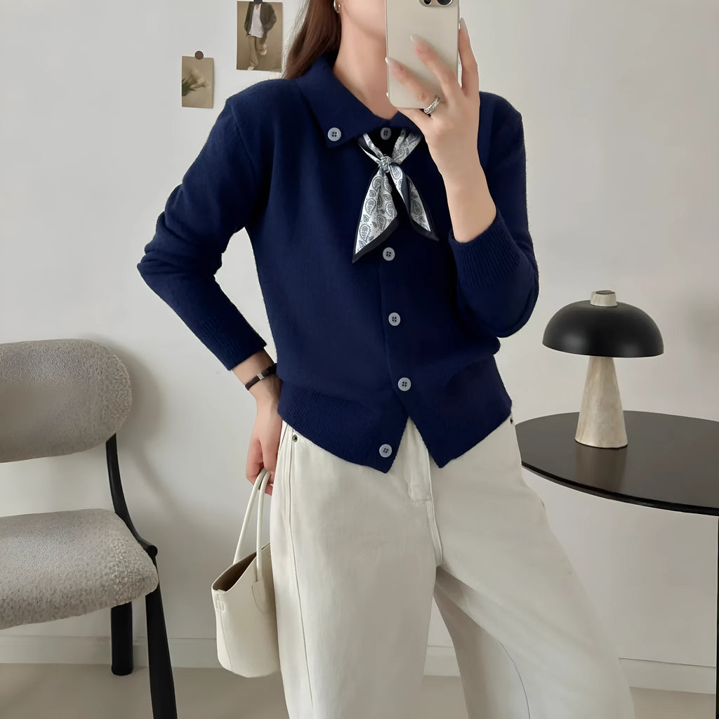 Lapel scarf sweater cardigan in acrylic fibre with splicing details and regular sleeves