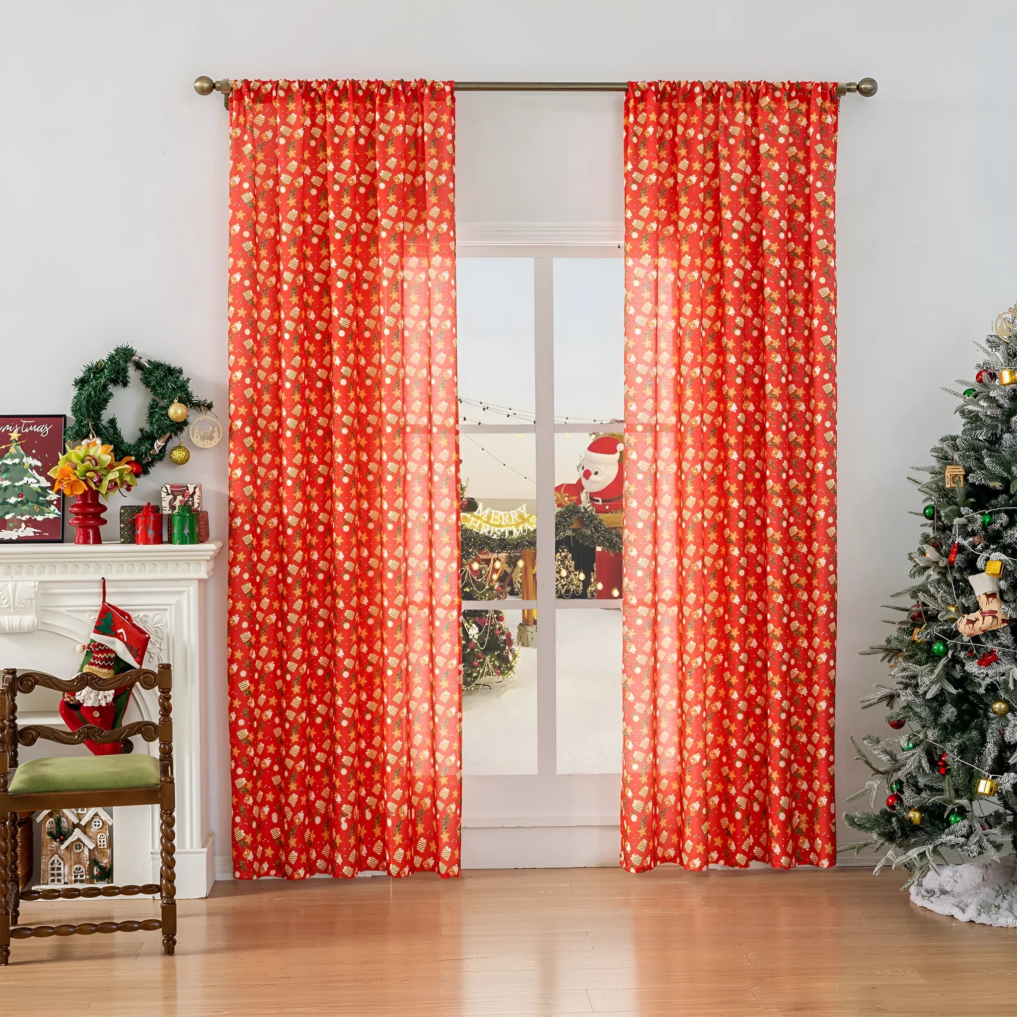 Green Christmas curtain with printed snowman and angel cartoon pattern, one metre wide.