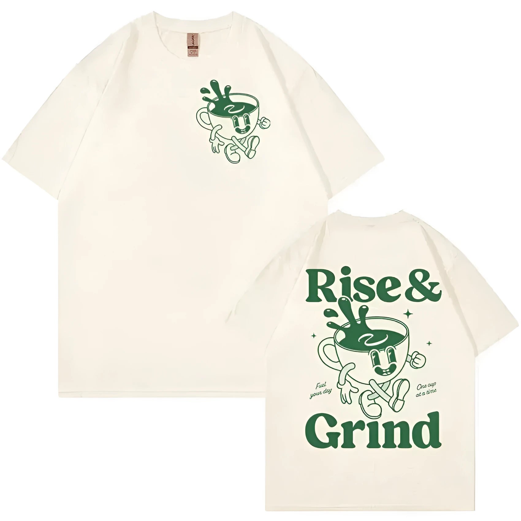 Front view of a loose-fit linen T-shirt featuring a printed 'Rise And Grind Green Coffee' cartoon design in black on a light-coloured fabric.