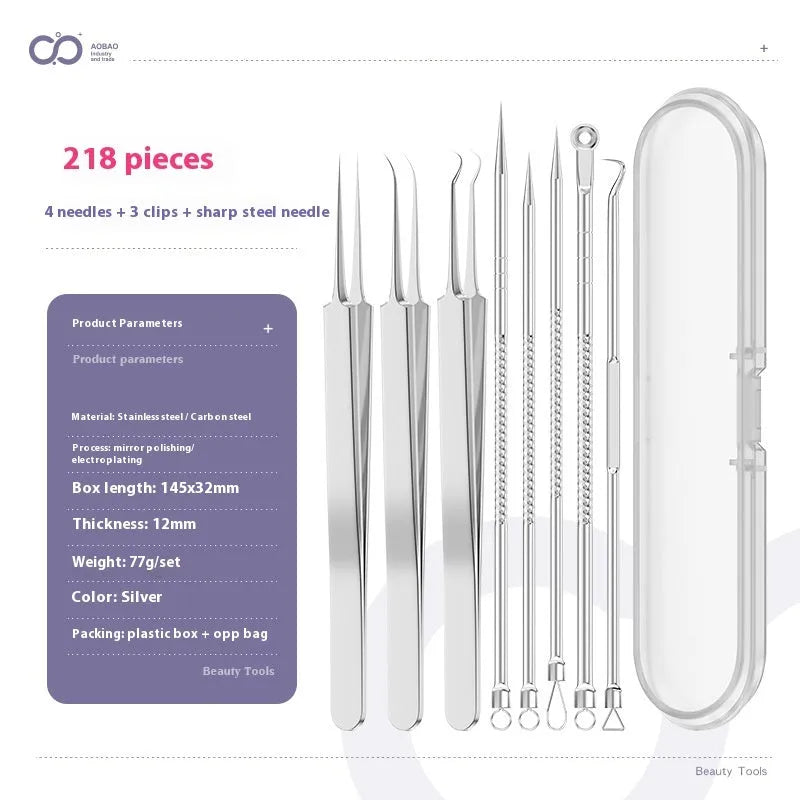 Four silver metal acne needles with fine pointed tips laid out on a surface.