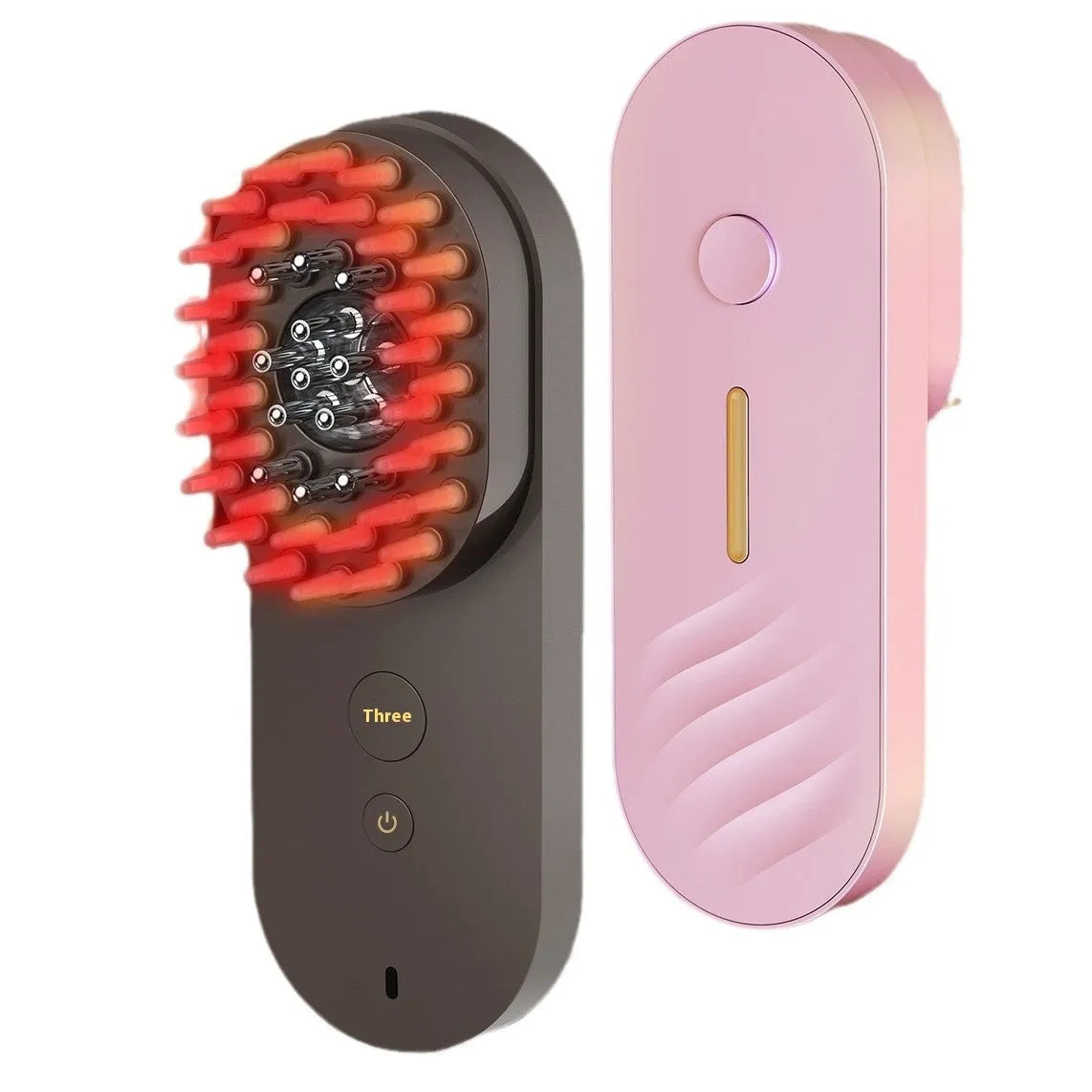 Smart massage comb with red light therapy in pink or black colour, under 10cm size