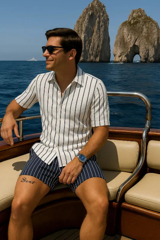 Man's light casual beach shirt and matching shorts set in four-sided elastic fabric