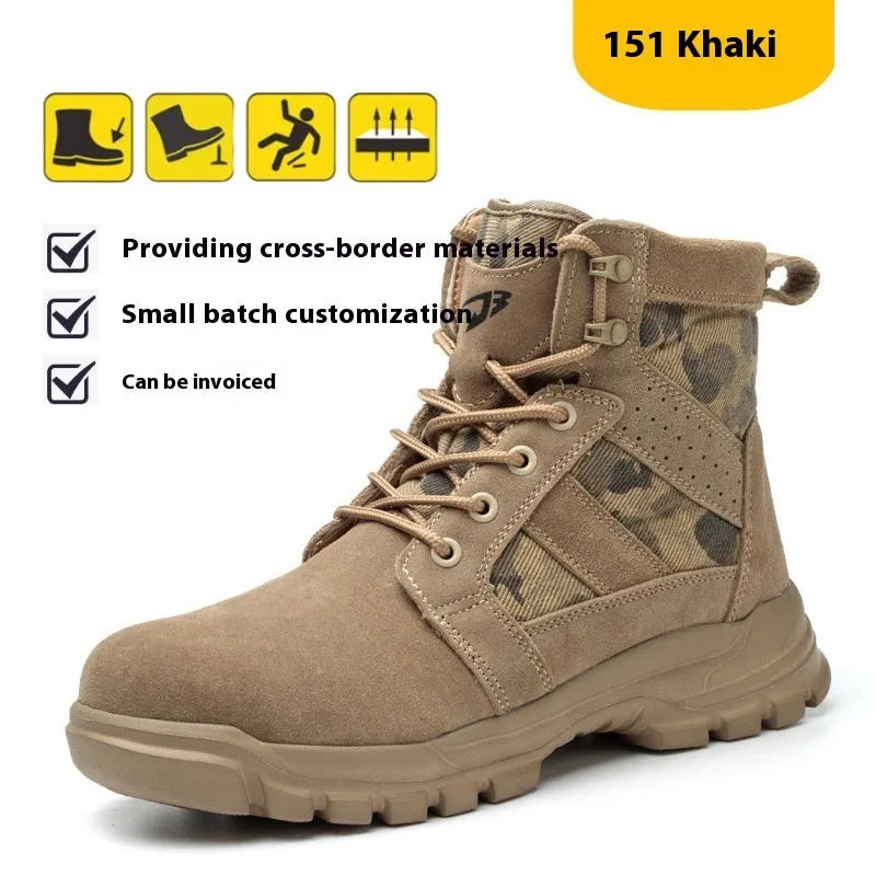 Khaki suede combat boots with steel toe cap and front lace-up closure on outdoor ground