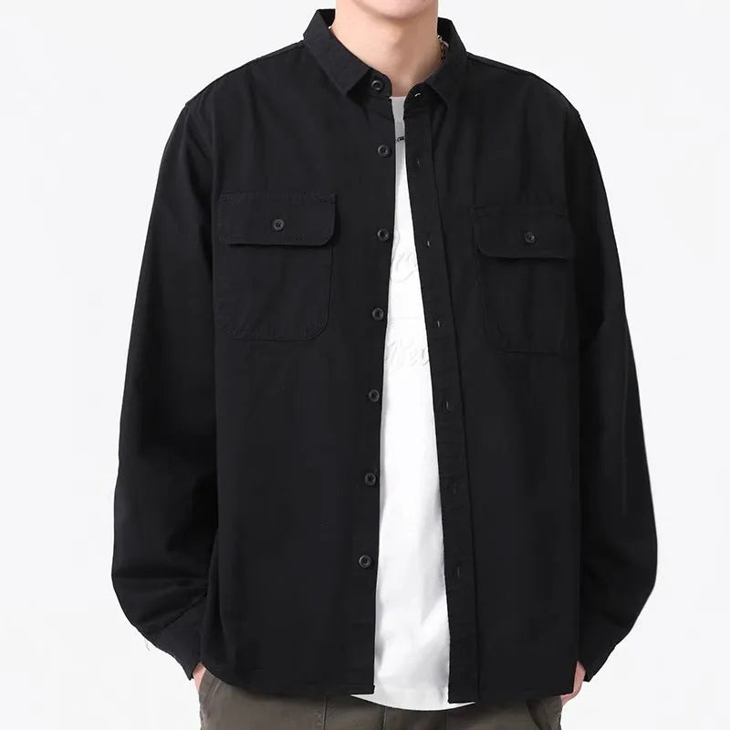 Men's long sleeve polyester overalls shirt in cardigan style with loose fit