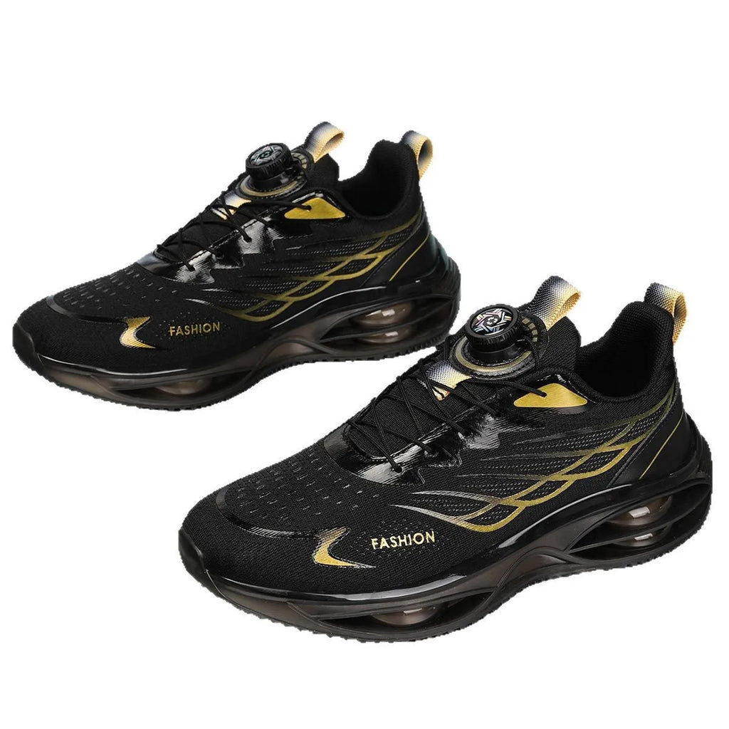 Breathable casual running shoes in sky blue, black gold or white with mesh upper and rubber sole