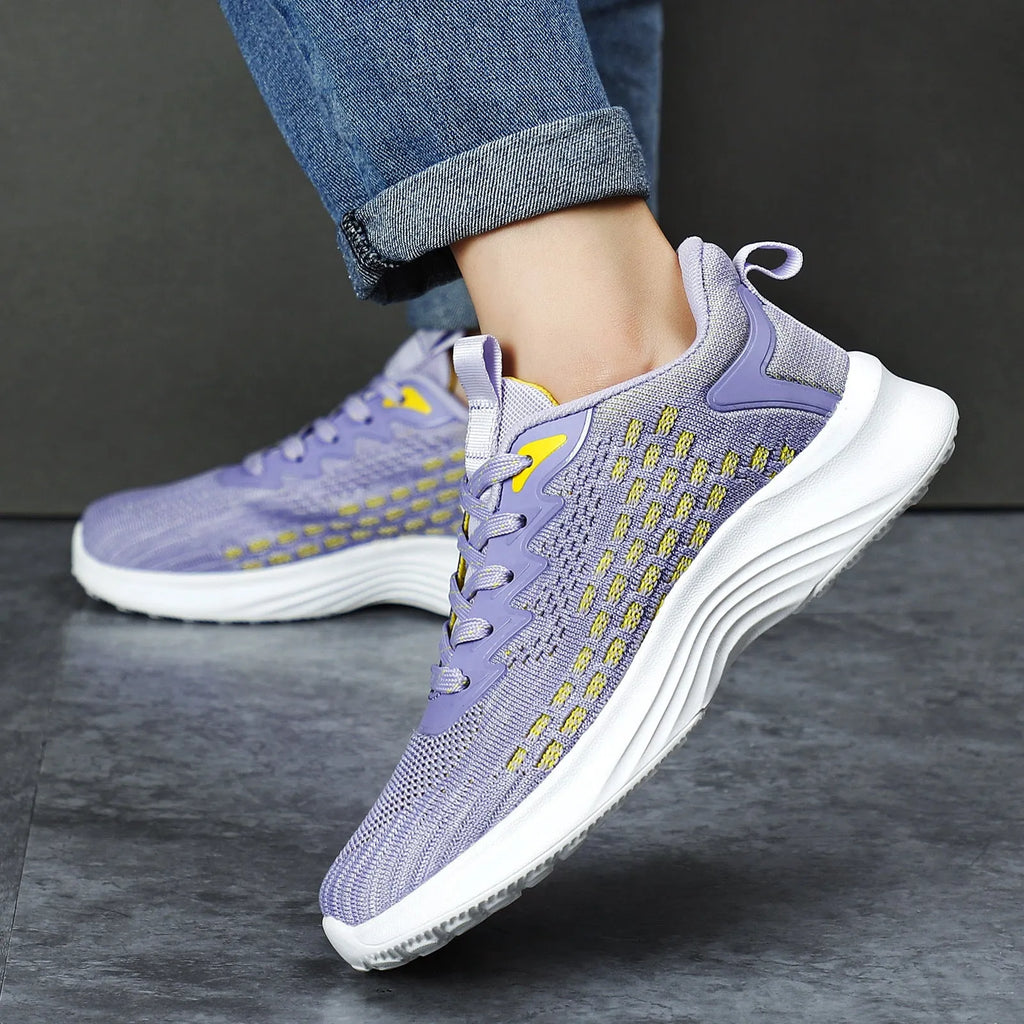 Women's lavender purple Flyknit mesh running shoes with striped pattern and EVA sole