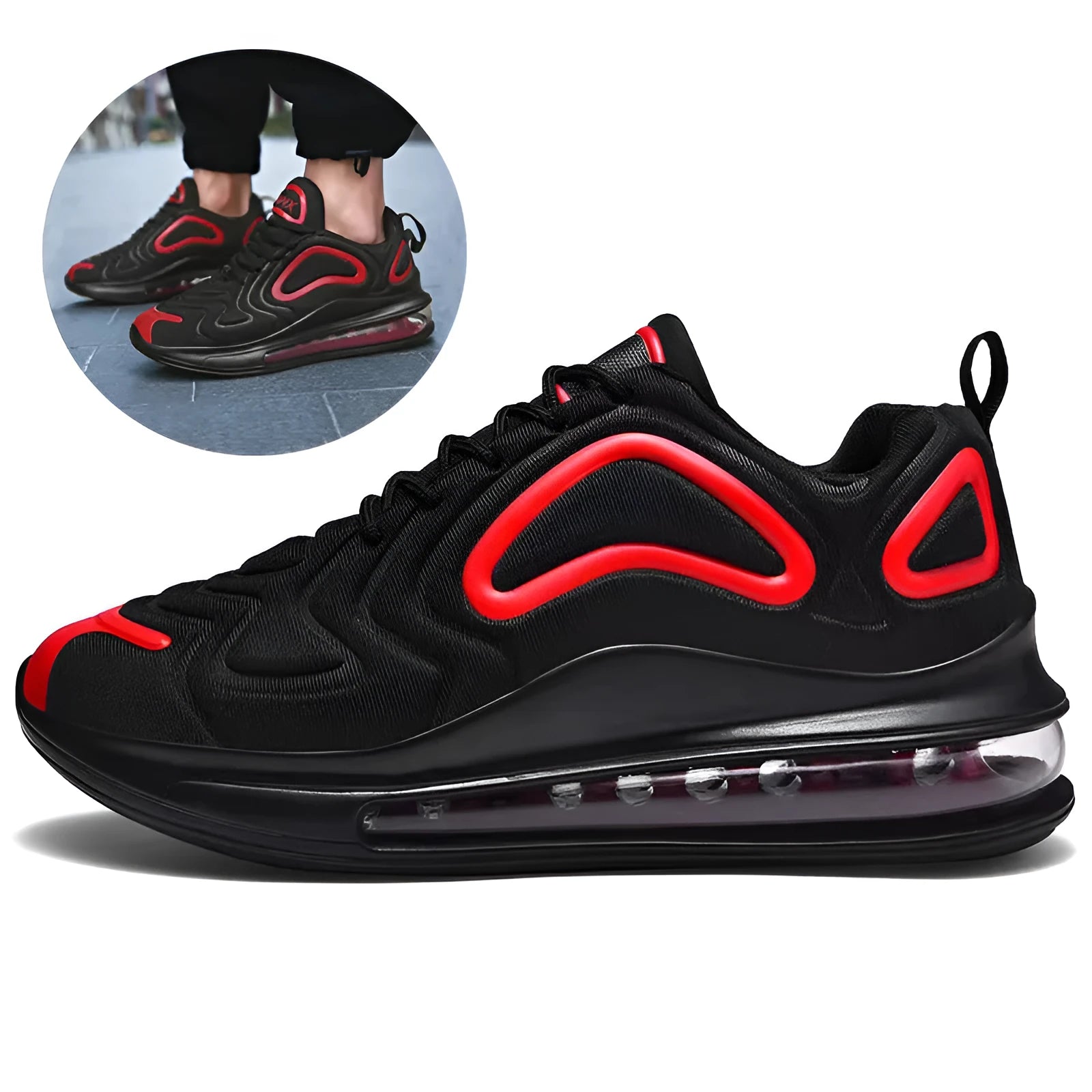 Men's black casual air cushion running shoes with lace-up front and round toe
