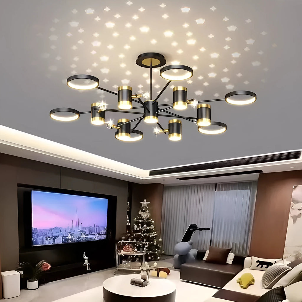 Black iron pendant ceiling chandelier with 13 light heads and remote control.