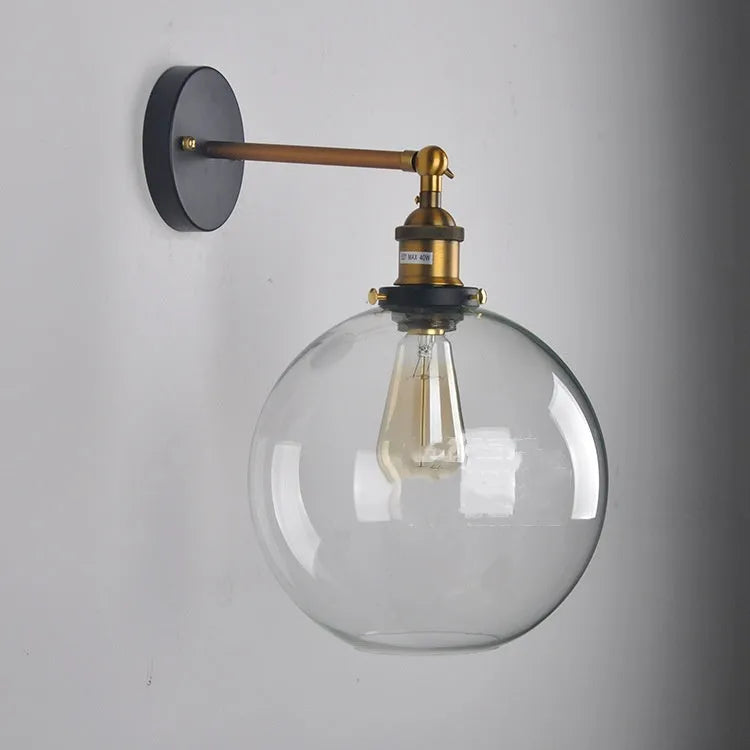 Round ball glass wall lamp in retro style with aluminium holder, 20cm diameter