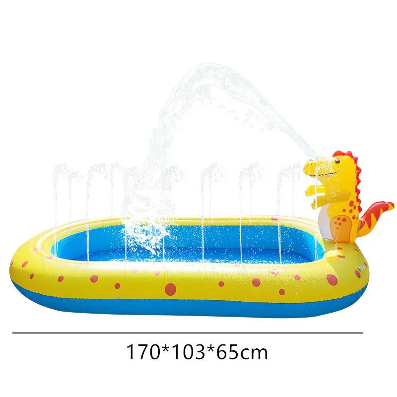 Blue dinosaur-shaped inflatable water spray pool with shark toy inside, placed on garden grass