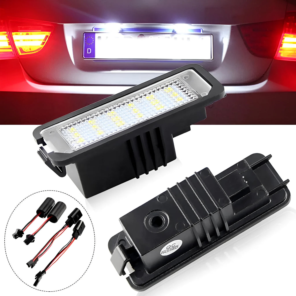 Two Volkswagen LED licence plate light units with 24 SMD LEDs, for Golf Polo Phaeton models.