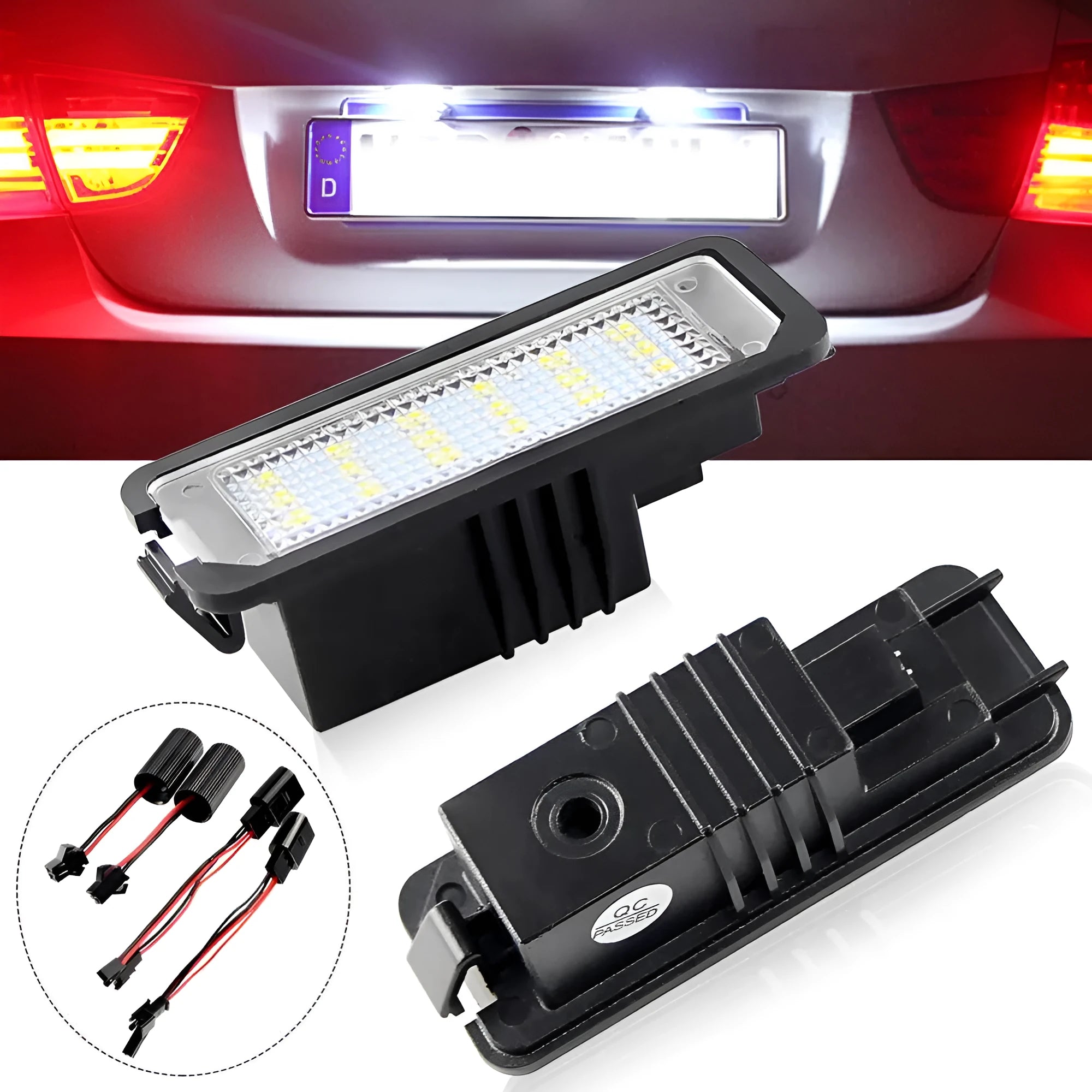 Two Volkswagen LED licence plate light units with 24 SMD LEDs, for Golf Polo Phaeton models.