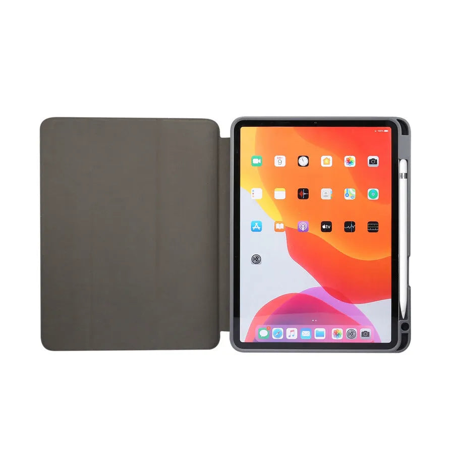 Tri-fold marbling pattern iPad case with pen slot in dark grey, creamy white, purple, blue, or pink colours