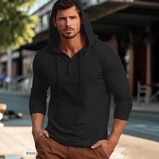 Cotton pullover hoodie top in one of six colours: dark blue, apricot, black, blue, white, or light green.