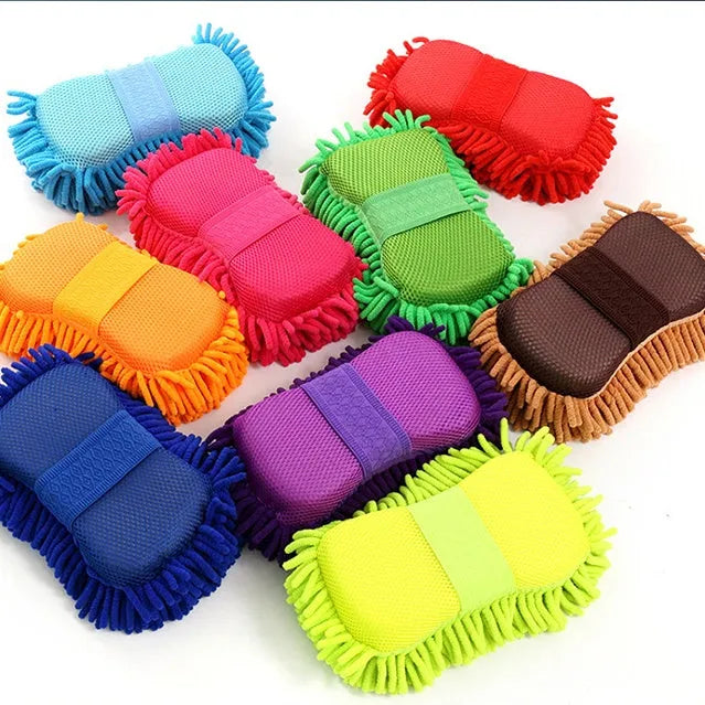 Silver green chenille car wash sponge measuring 14x25 cm with microfiber spiral wool construction