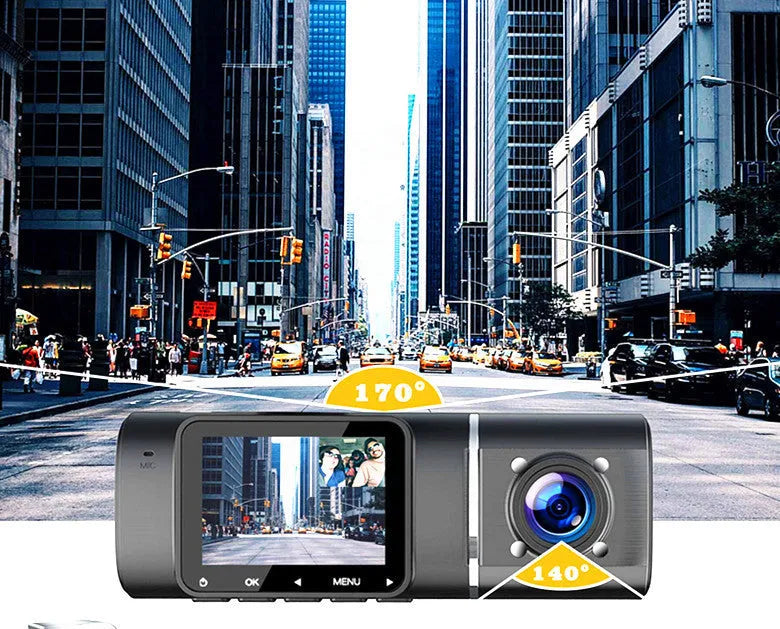 Standard black dual dash cam unit with 1.5-inch screen, shown with car charger and mounting stand.