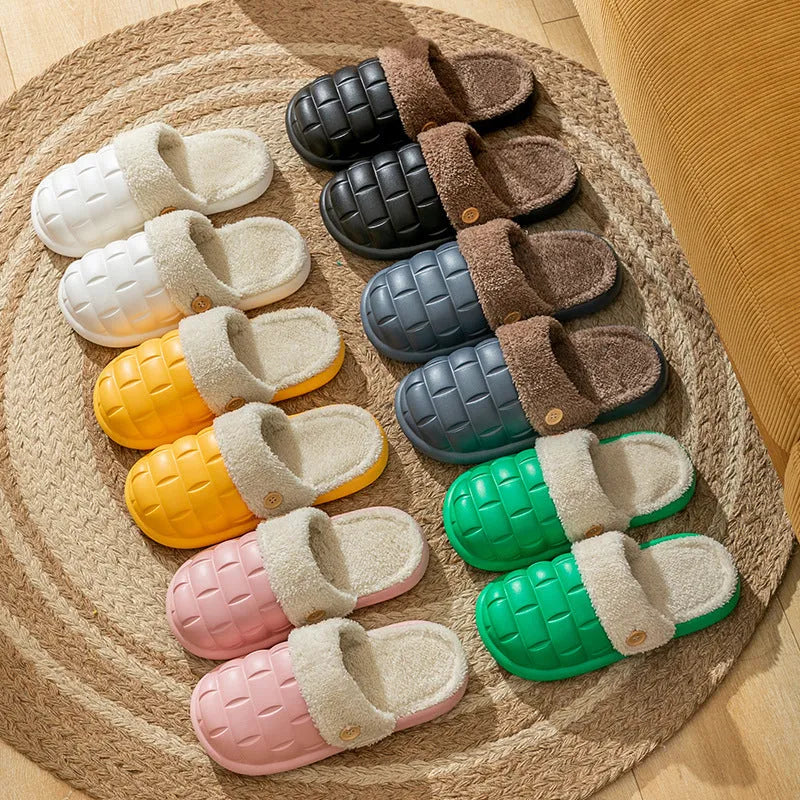 Plaid detachable EVA slippers for women with plush lining and a non-slip sole, shown in pink colour.