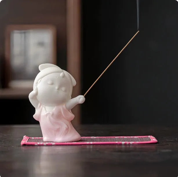 Ceramic court attendant incense burner decoration in cute style with four colour options