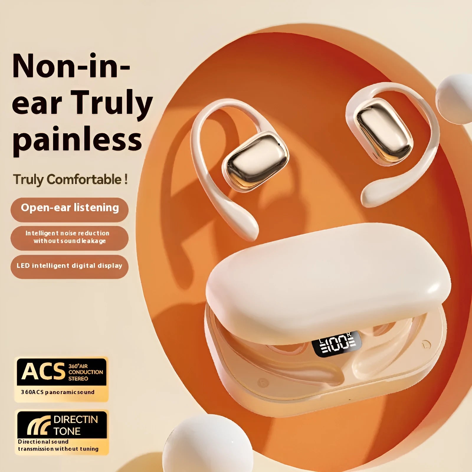 Wireless ear-mounted headphones with digital display screen in black, white, and skin colour options