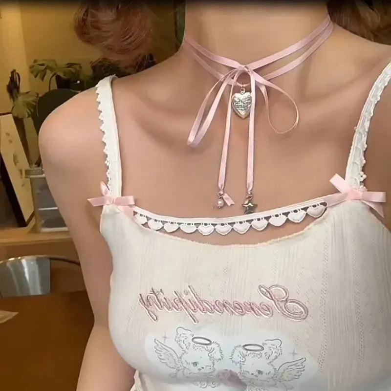 Women's electroplated alloy necklace with love pendant featuring ribbon design on clavicle chain
