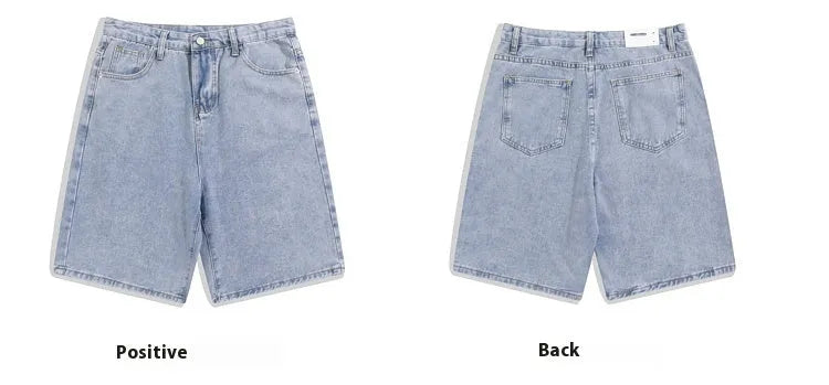 Men's light blue denim shorts with a five-pocket design and straight-leg cut on a mid-waist fit.