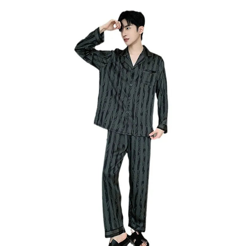 Ice Silk men's pajamas V-neck long sleeve two-piece set in Black Stripes on a model