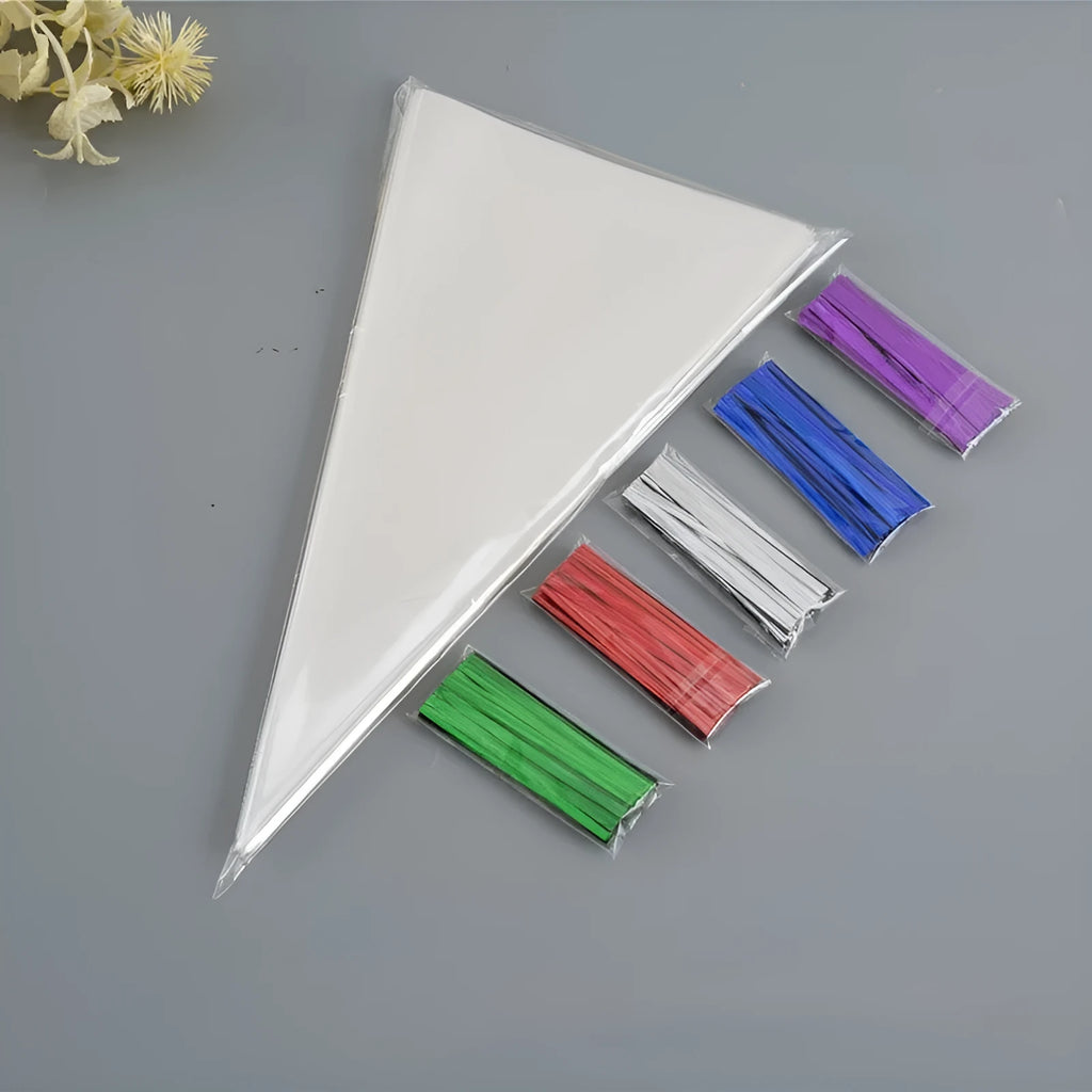 Transparent triangular OPP plastic bag with a silver tie wire closure