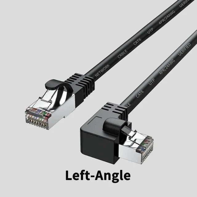 Cat6 Ethernet cable with a black right-angle RJ45 connector plugged into a port, showing its low-profile design.