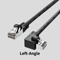 Cat6 Ethernet cable with a black right-angle RJ45 connector plugged into a port, showing its low-profile design.