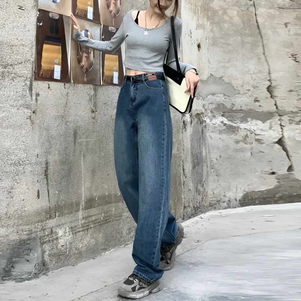 Women's retro blue high waist straight leg jeans in cotton denim showing front and back views