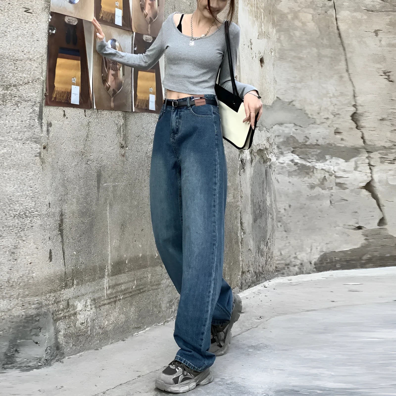 Women's retro blue high waist straight leg jeans in cotton denim showing front and back views
