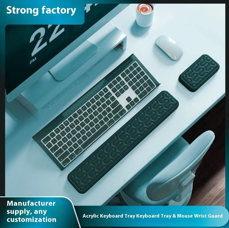 Memory foam keyboard and mouse pad with wrist rest in various colours on a desk