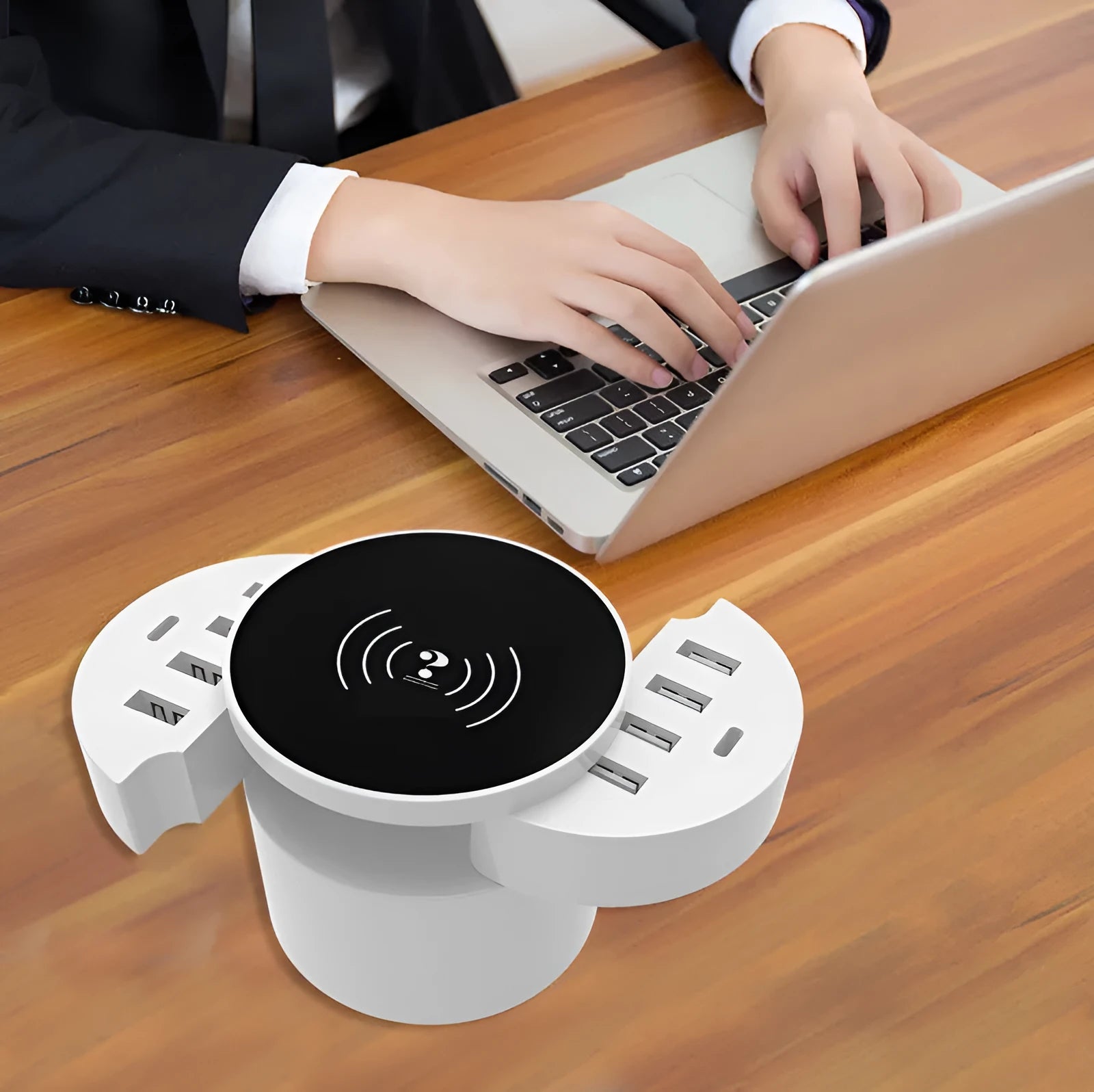 Multi-port wireless circular charger in ceramic white with UK EU US plug adapters and 1.5m cable
