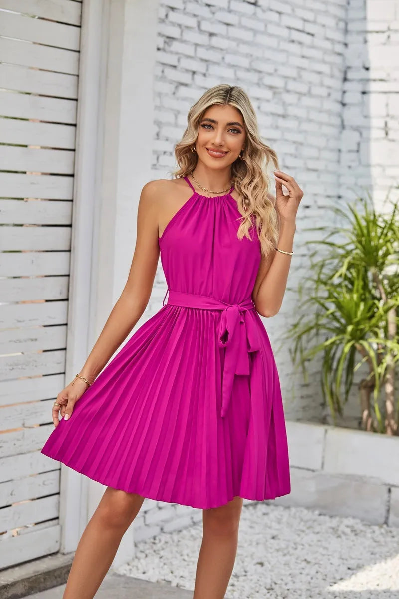 Women's black halter strapless sundress with pleated chiffon skirt and adjustable waist ties