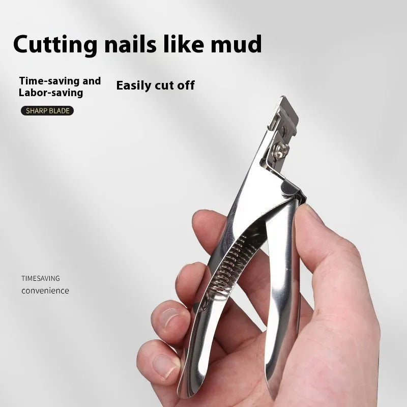 Close-up of stainless steel U-shaped nail art scissors in electrophoresis black finish.