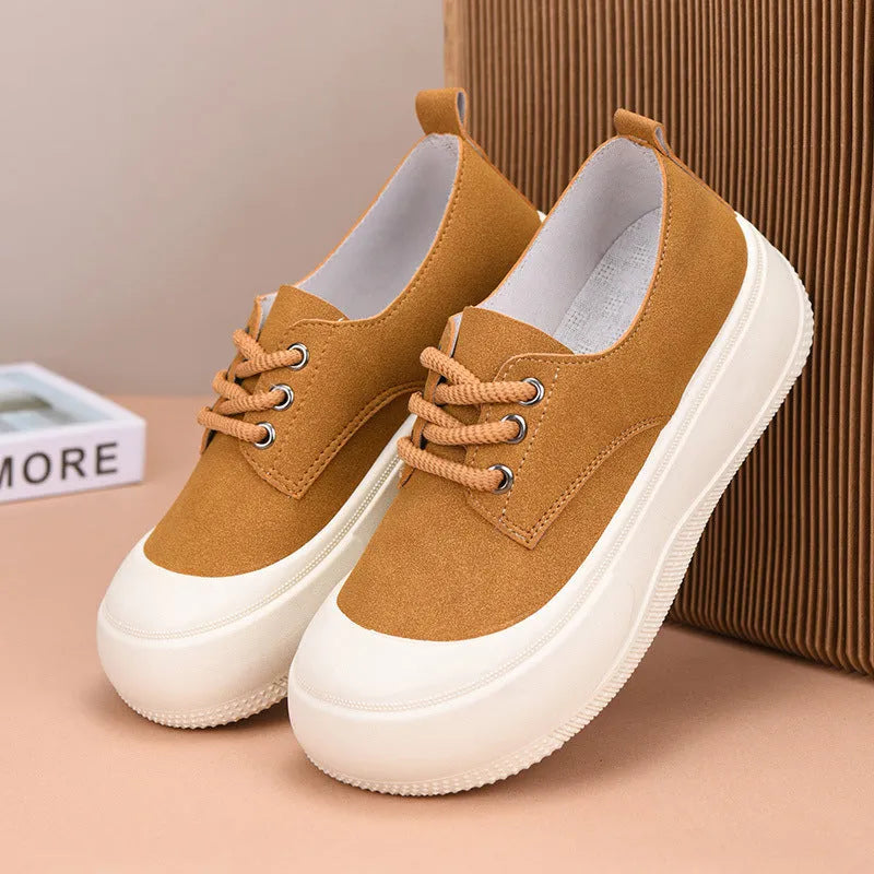 Women's casual platform round toe loafers in beige with suede upper and rubber sole