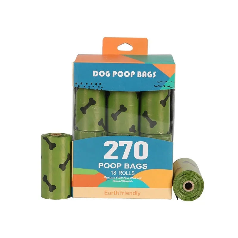 Degradable dog waste bags in army green with black bone printing, showing roll and individual bag