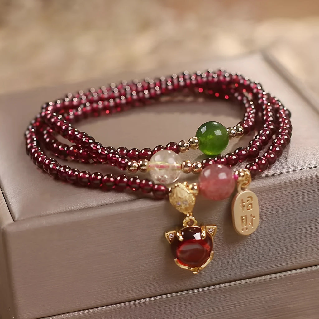 Natural garnet crystal fox bracelet for women in purplish red with adjustable rope