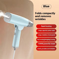 Blue and white handheld garment steamer with water tank and mechanical controls for wrinkle removal