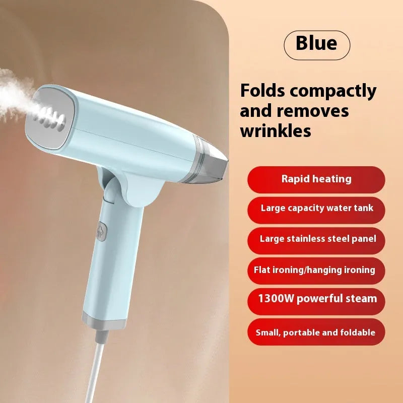 Blue and white handheld garment steamer with water tank and mechanical controls for wrinkle removal