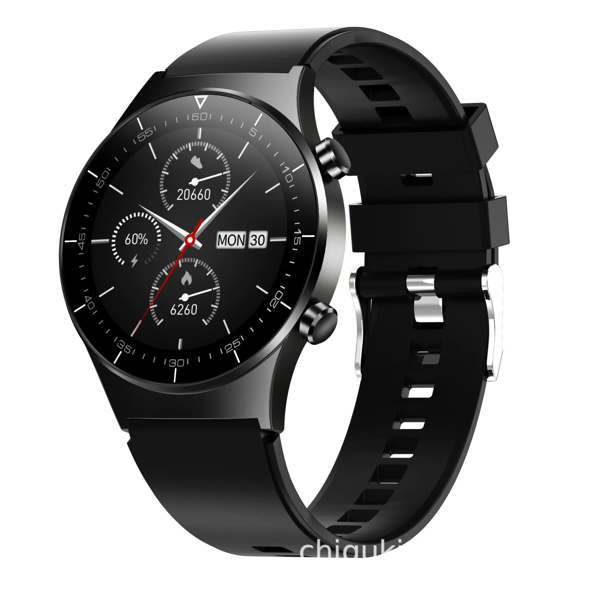 Black TPU smart watch with 1.3-inch touchscreen displaying heart rate and activity metrics