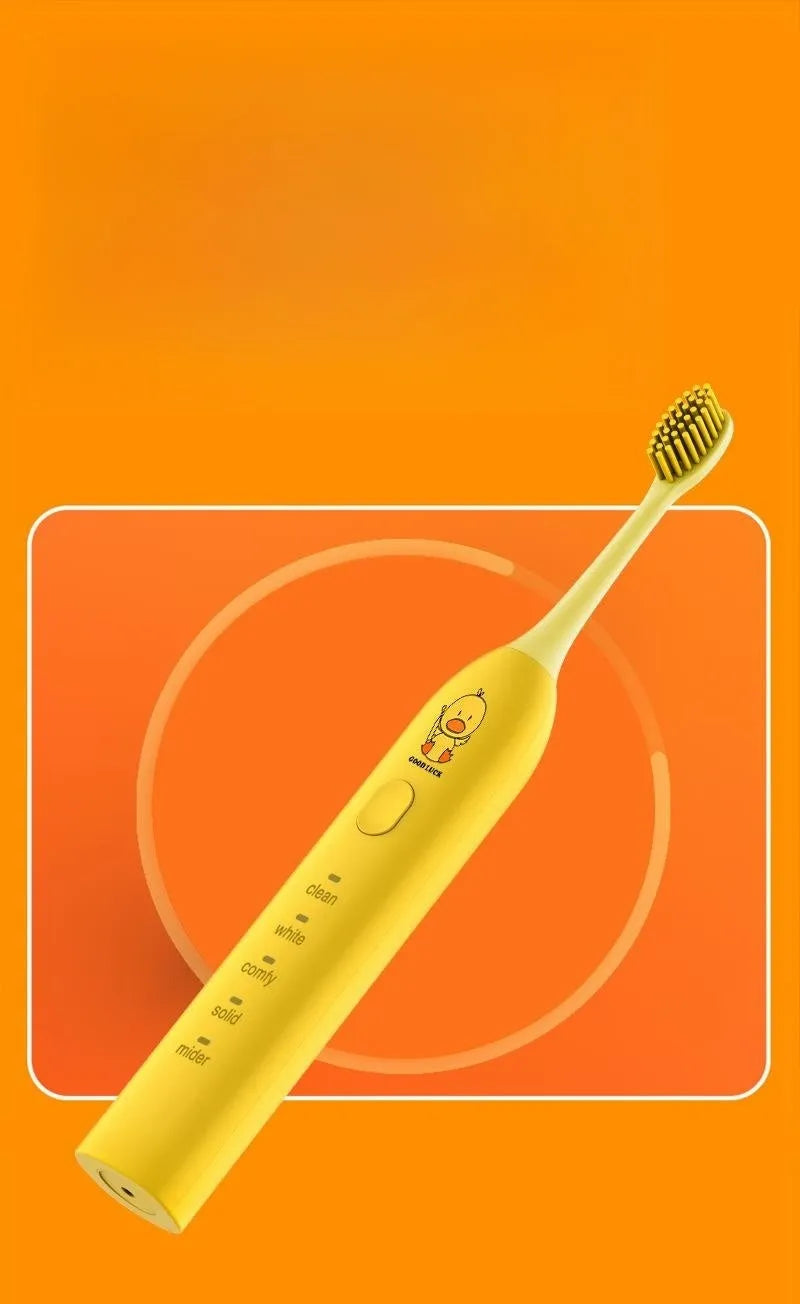 Yellow USB rechargeable electric toothbrush with soft bristles and duck laser engraving design