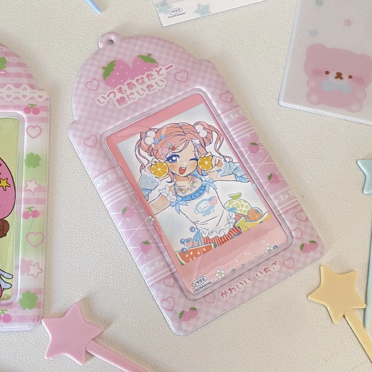 PVC cartoon meal card holder in strawberry or four-leaf clover design, 7.6 by 13.6 cm.