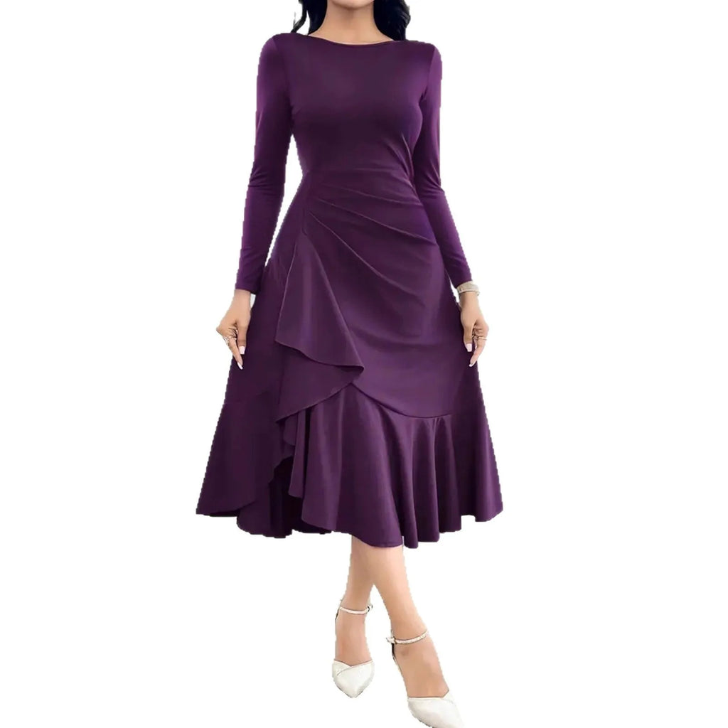 Purple women's long sleeve dress with ruffled detailing and round neck, mid waist cut