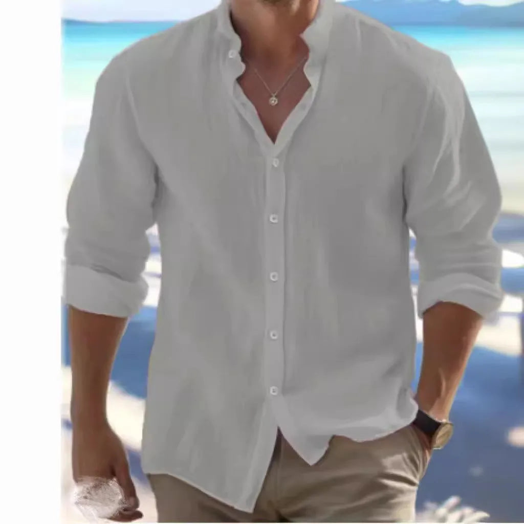 Men's light blue long-staple cotton casual button-down summer shirt on a hanger.