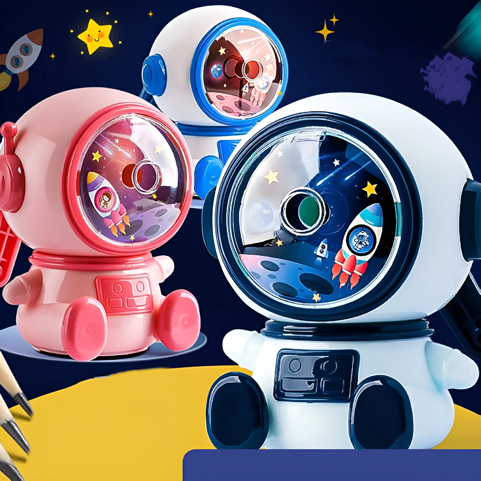 Astronaut cartoon pencil sharpener in blue or pink with anti-jam function and adjustable sharpening levels