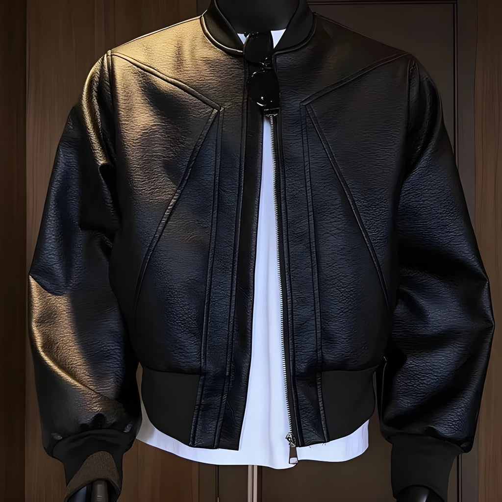 Men's black PU leather jacket with extended length and tight business fit