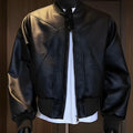 Men's black PU leather jacket with extended length and tight business fit
