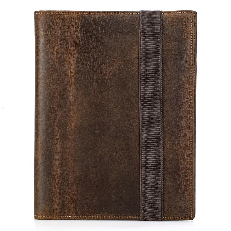 Brown Crazy Horse leather A5 notebook protective sleeve with socket-type closure